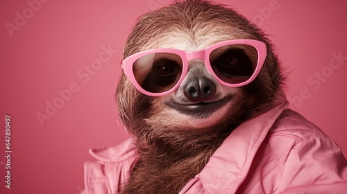 Fashion a fashionable sloth in shades, hanging gracefully on a dusty rose canvas. © Ullah