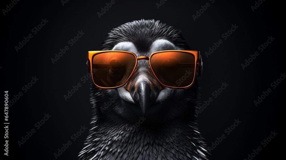 Generate a chic penguin wearing shades, on a sleek obsidian background.