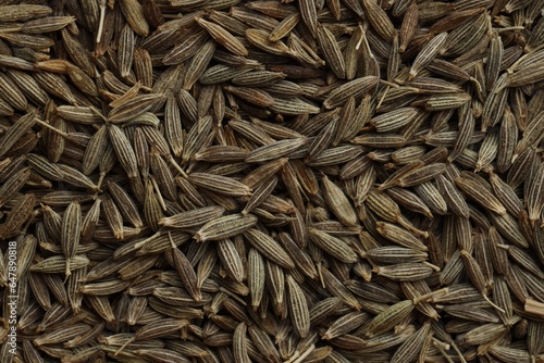 Aromatic caraway seeds as background, top view