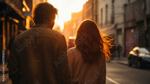 Man and woman walking together as a couple at golden hour, concept of romance and love