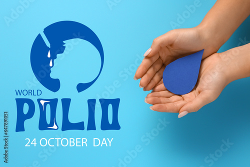 Banner for World Polio Day with female hands holding paper drop
