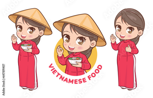 Cute Vietnamese girl wearing traditional dress and conical hat, holding a bowl of Pho soup. Vietnamese food illustration.