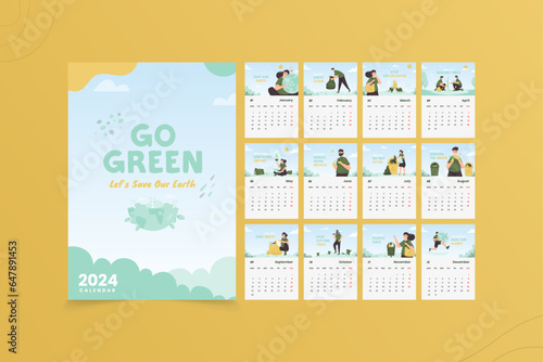 Calendar 2024 design template with go green movement illustration