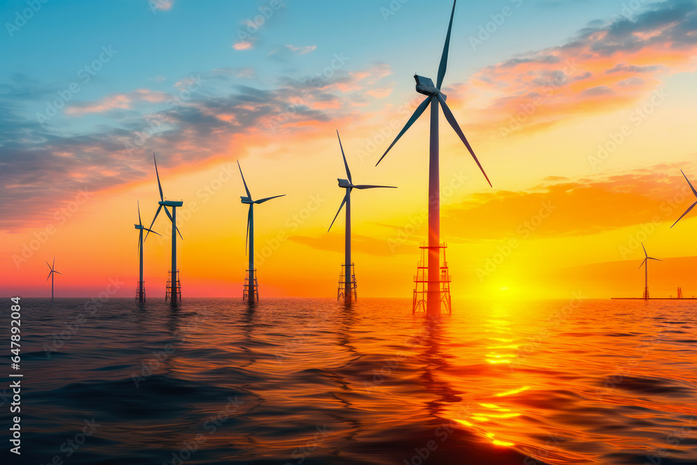 Offshore wind turbine plant in the ocean at sunrise or sunset