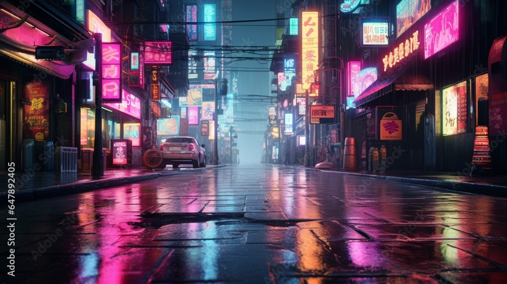 Craft an image that emulates the vibrancy of neon signs reflected on a rainy city street.
