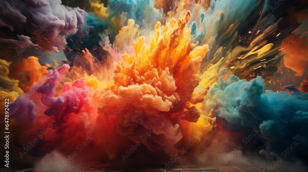 Create a captivating AI-generated masterpiece that captures the essence of a colorful explosion, as seen through the lens of a professional camera.
