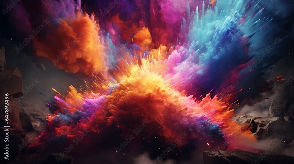 Create a visually stunning scene that captures the essence of a colorful explosion, with vivid colors and intricate textures.
