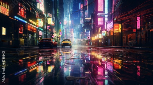 Craft an image that emulates the vibrancy of neon signs reflected on a rainy city street.