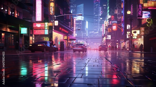 Craft an image that emulates the vibrancy of neon signs reflected on a rainy city street. © Lucifer