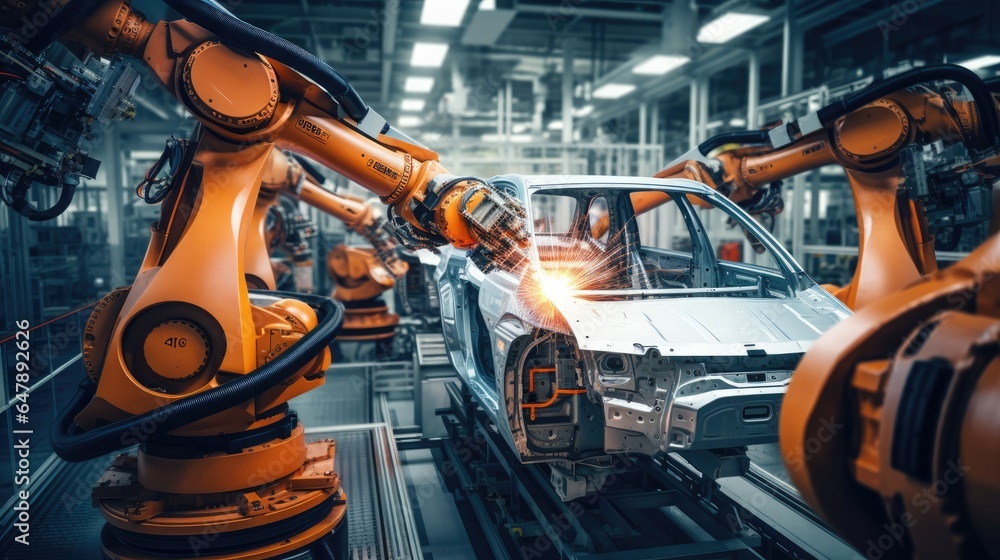 Smart vehicle technology, sustainable mobility & efficient navigation, futuristic automation, advanced robotics in manufacturing & efficiency, intelligent factory, high-tech robotics, Generative AI.