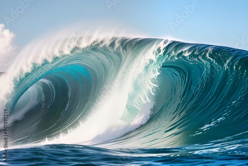 美しい青緑色の大波が自己を巻き込む、泡立つ海の力強さと静寂を描いた、ホライゾンラインが見える晴れた青空を背景にしたオーシャンビュー © sky studio