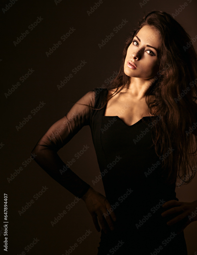Fototapeta premium Beautiful makeup sexy elegant woman standing with healthy long hair in style fashion black dress on black shadow dark background with empty copy space. Closeup front portrait.