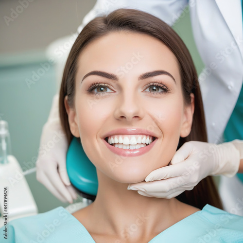 Woman patient in a dentist office smiling.