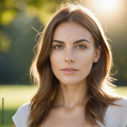 Close-up face. Portrait of a beautiful woman looking straight ahead. Stunning model.