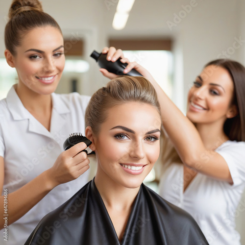 Model getting her hair done in a beauty salon. Beautiful woman's hair.
