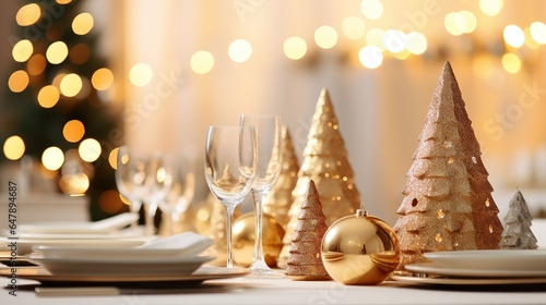Elegant golden theme table setting for Christmas and New year dinner, Generative ai