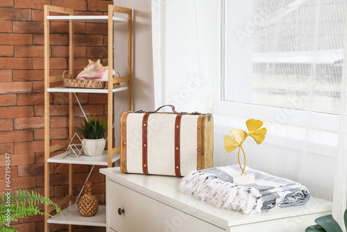 Suitcase and decor on chest of drawers near window