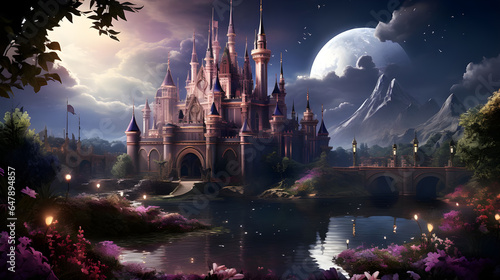 Castle night fantasy landscape with bridge and river. Princess Castle on the cliff. Fairy tale castle in the mountains. Beautiful Magic nature city.