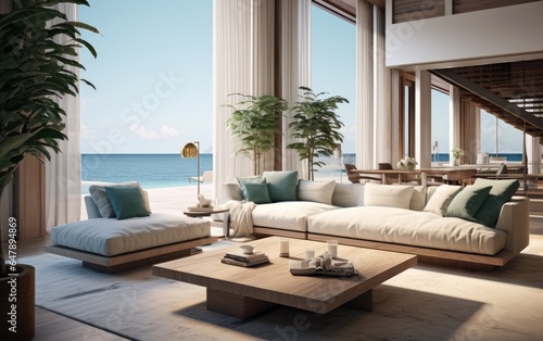 Luxury coastal style home interior design of modern living room in seaside house. Generative AI © piai