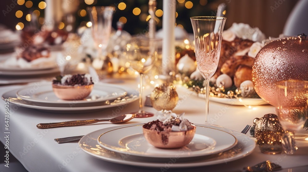 Elegant pink and  golden  theme table setting for Christmas and New year dinner, Generative ai