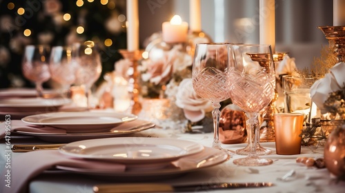 Elegant pink and golden theme table setting for Christmas and New year dinner, Generative ai