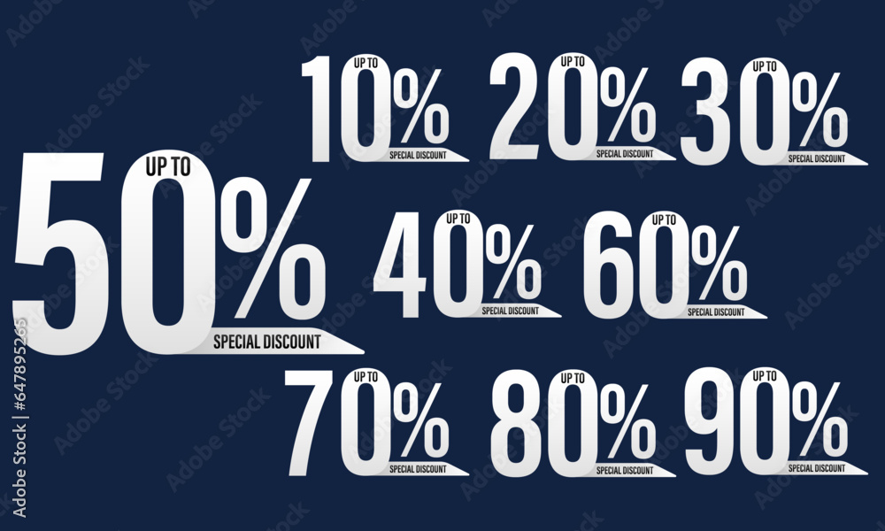 Set of discount label vector Illustration 10, 20, 30, 40, 50, 60, 70, 80, 90 percent, Promotion number design for an advertising campaign at retail clearance, special offer, tag, sticker flat.
