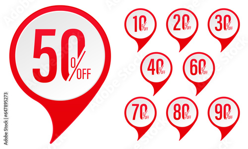 Set of discount label vector Illustration 10, 20, 30, 40, 50, 60, 70, 80, 90 percent, Promotion red and white design for an advertising campaign at retail clearance, special offer, tag, sticker flat.