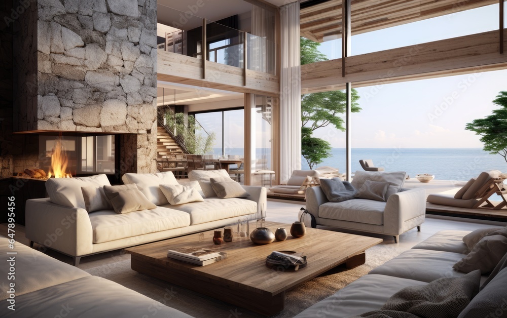 Luxury coastal style home interior design of modern living room in seaside house. Generative AI
