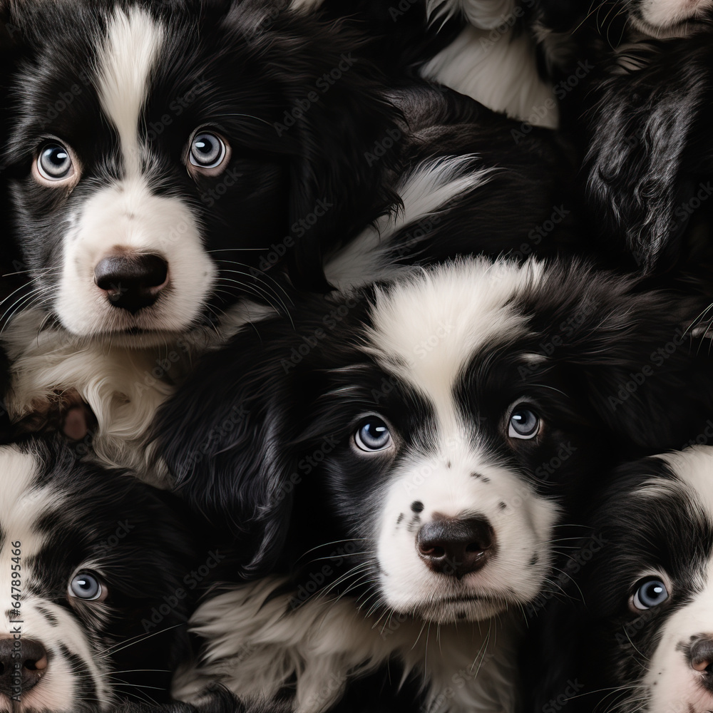 Cute collage of young sheepdog puppies with light blue eyes. Seamless pattern background. Cute collage of young sheepdog puppies with light blue eyes. Seamless pattern background.
