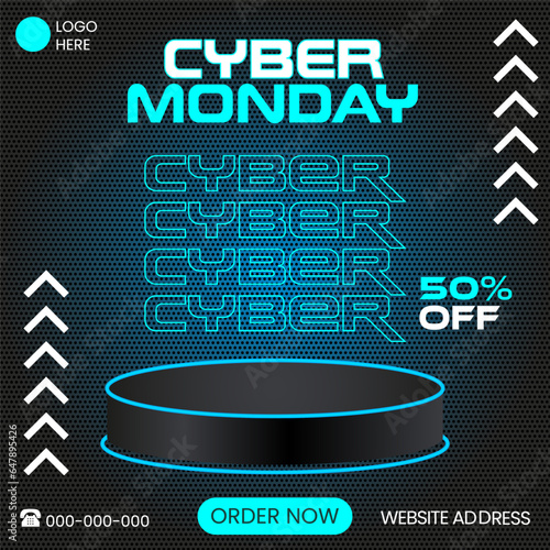 Cyber monday special sale social media post template. 3D neon glow podium display vector illustration