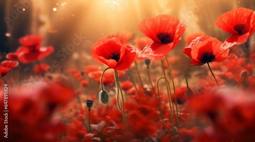 A field of wild poppies sways in the breeze  their scarlet petals like drops of liquid velvet.