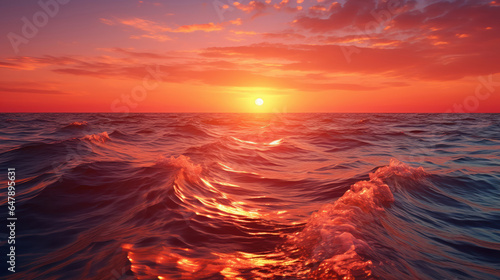 The sun rising over the ocean, illuminating the sky and water in shades of orange and pink