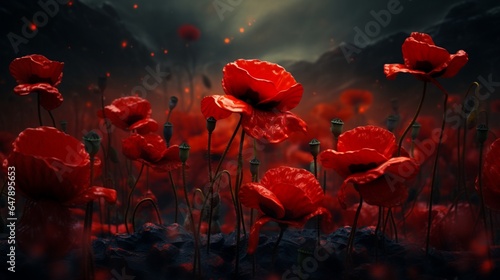 A field of wild poppies sways in the breeze, their scarlet petals like drops of liquid velvet.