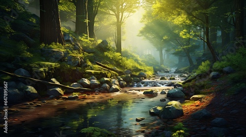 A gentle stream winds through a sun-dappled forest  its waters a soothing melody.