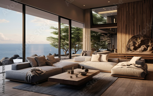 Luxury coastal style home interior design of modern living room in seaside house. Generative AI