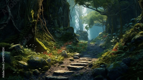A mountain path, winding its way through a dense forest, leading to unseen wonders. © digi