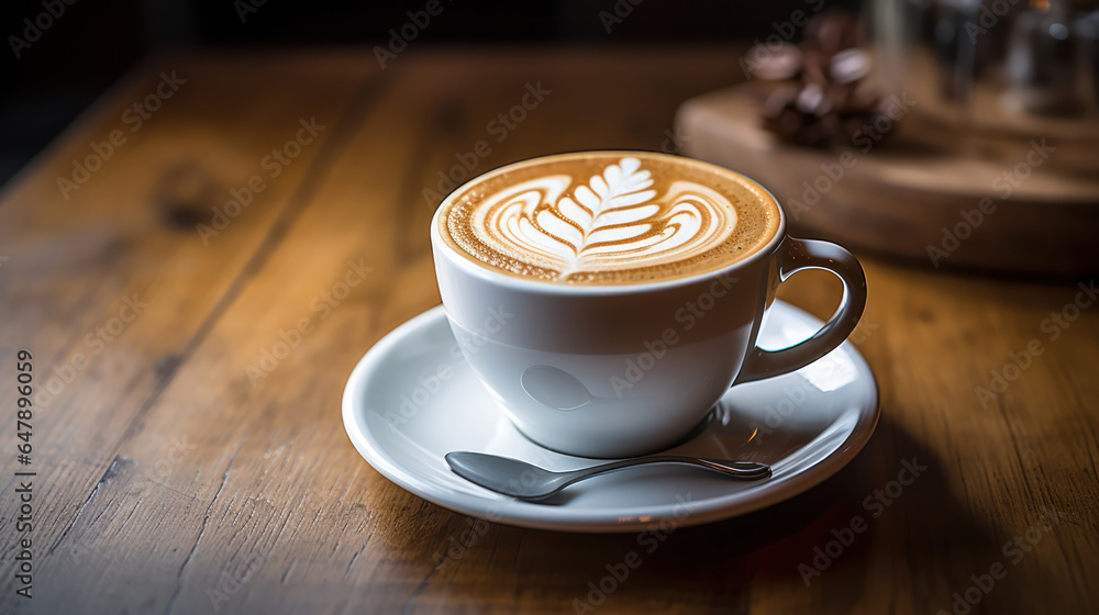 Freshly poured latte featuring intricate latte art, set on a wooden cafe table