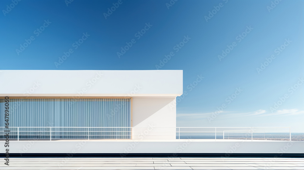 Obraz premium Minimalist building facade featuring sleek lines and geometric shapes, set against a clear sky