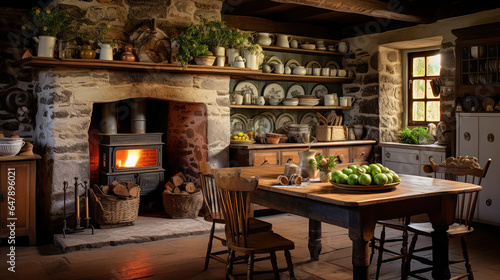 Rustic farmhouse kitchen featuring wooden furniture, vintage utensils, and a charming fireplace