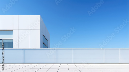 Minimalist building facade featuring sleek lines and geometric shapes, set against a clear sky
