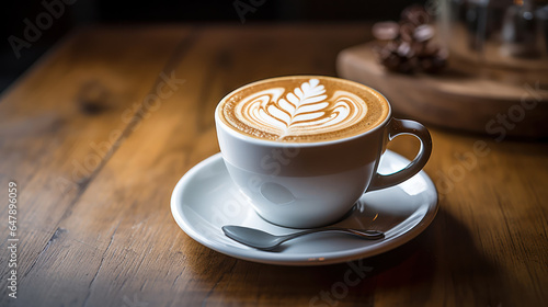 Freshly poured latte featuring intricate latte art  set on a wooden cafe table