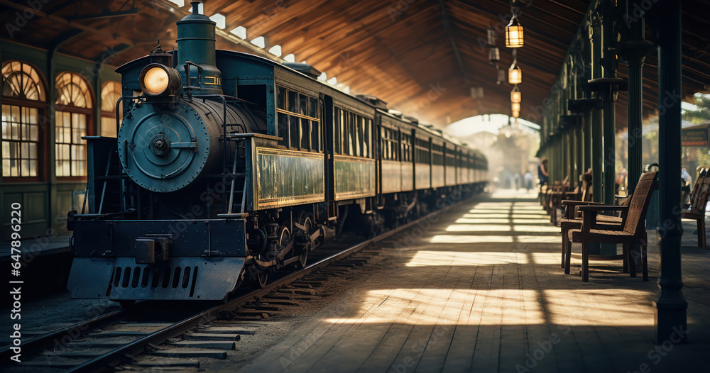 vintage train station featuring an antique steam engine and classic wooden benches - obrazy, fototapety, plakaty 