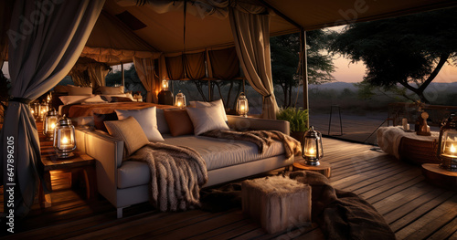 Luxury safari tent set up in the wilderness, complete with plush furnishings and a private view of the savanna © Malika