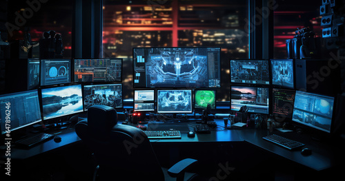 Cybersecurity expert workspace featuring multiple monitors displaying real-time threat analysis