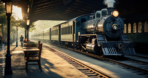 vintage train station featuring an antique steam engine and classic wooden benches