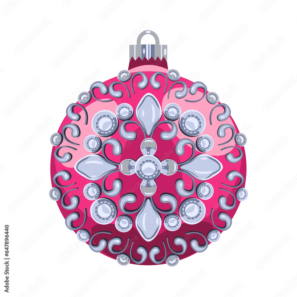 Fototapeta premium Red Christmas ball with silver ornaments isolated on white background. Vector illustration.