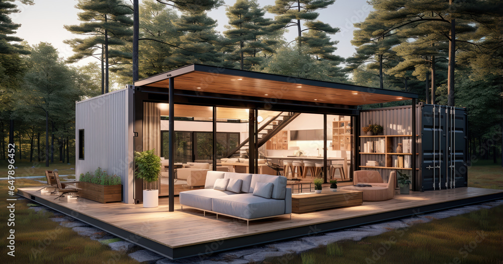 Innovative container home featuring sustainable materials and modern, minimalist interiors - obrazy, fototapety, plakaty 