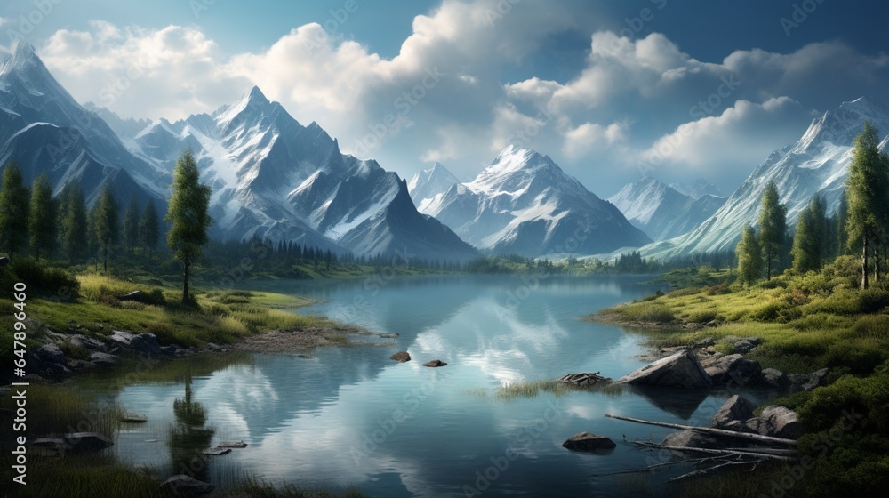 A serene lake nestled in the heart of the wilderness, its mirrored surface reflecting the surrounding mountains.