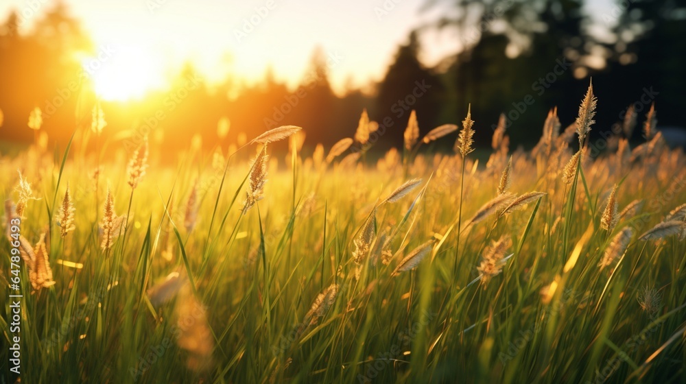 A serene meadow bathed in the soft, golden glow of dawn, kissed by dewdrops on each blade of grass.