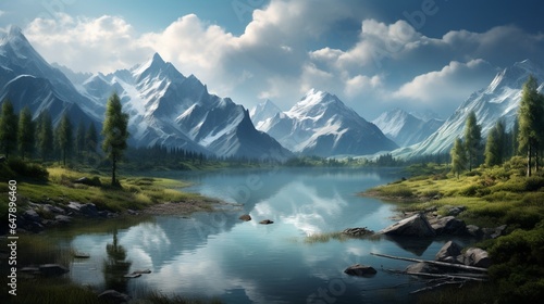 A serene lake nestled in the heart of the wilderness, its mirrored surface reflecting the surrounding mountains. © digi